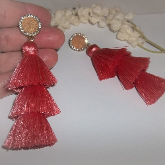 Sugarfix Tassel Earrings Set Statement Peach Coral Gold Rhinestone Drop A351 - Picture 6 of 7